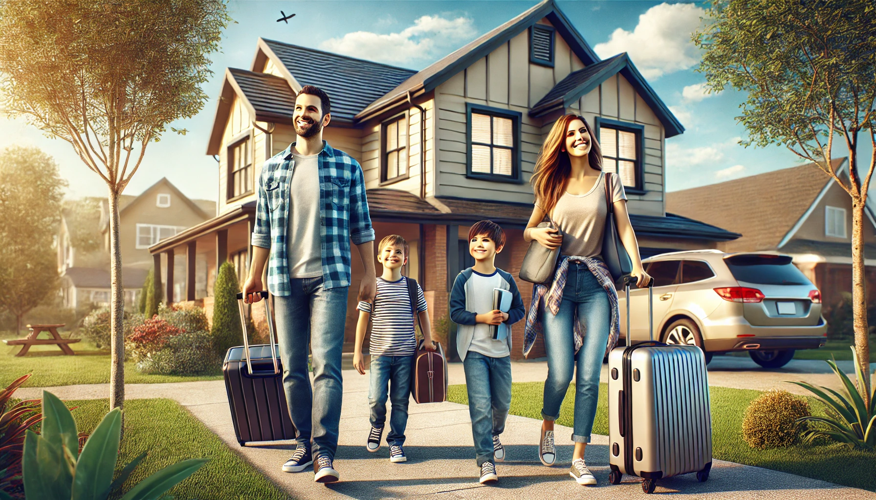 Image of family leaving on a trip with confidence that their home is protected and secure.