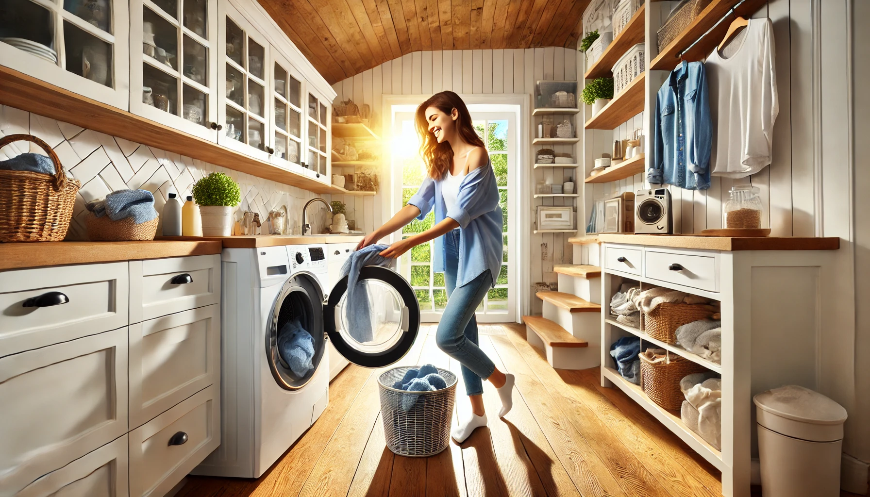 Image of homeowner enjoying the benefits of a front load washer.