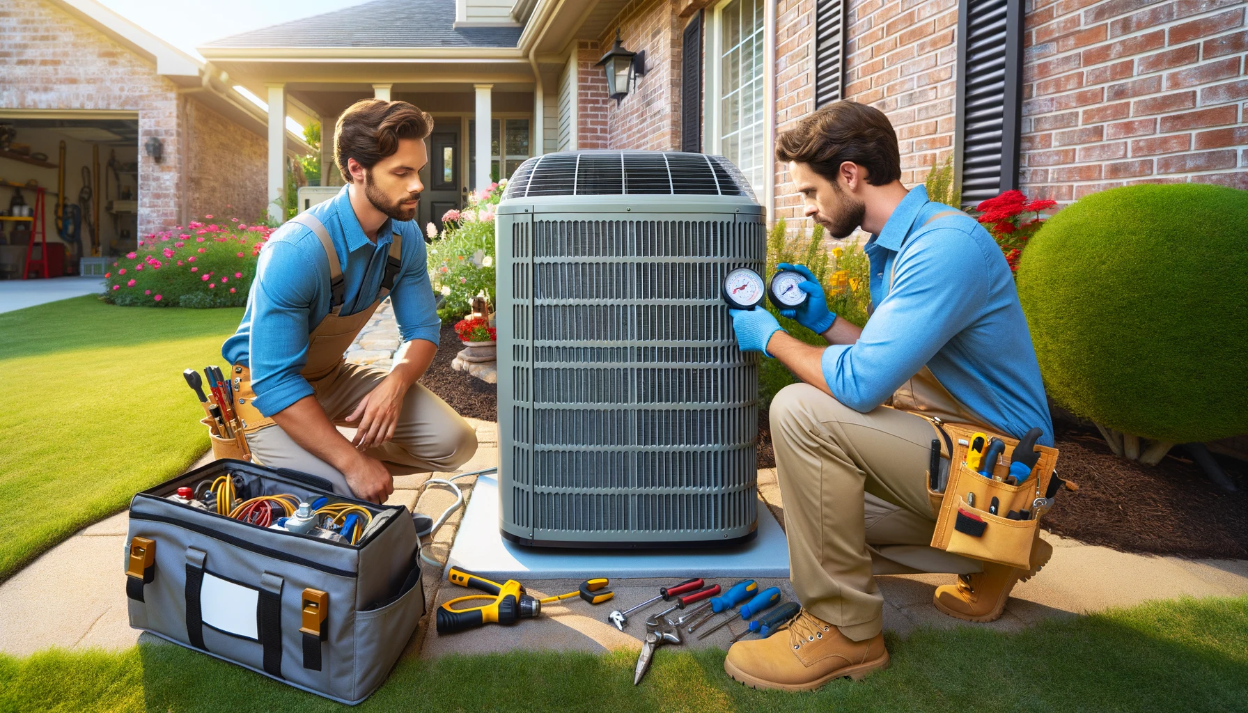 Two professional technicians perform annual air conditioner maintenance, preparing the HVAC system for summer.