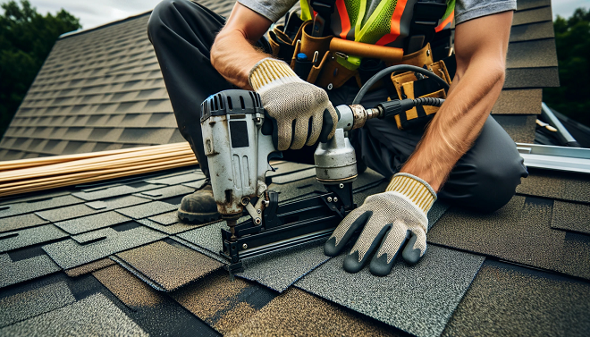 Roofing installation with dark and light gray roof shingles