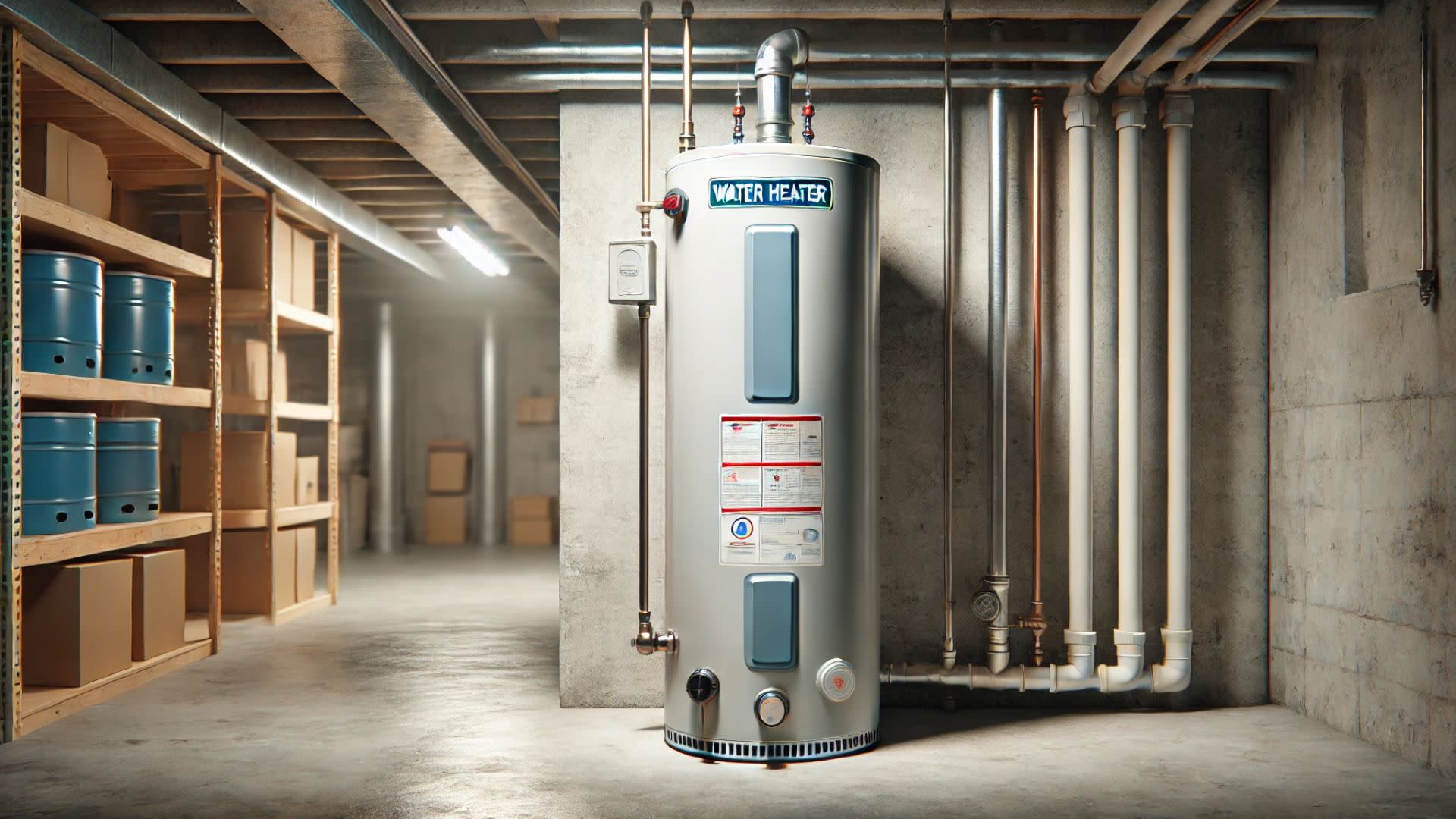 A standard water heater in the basement of a home heats and stores hot water until you need it..