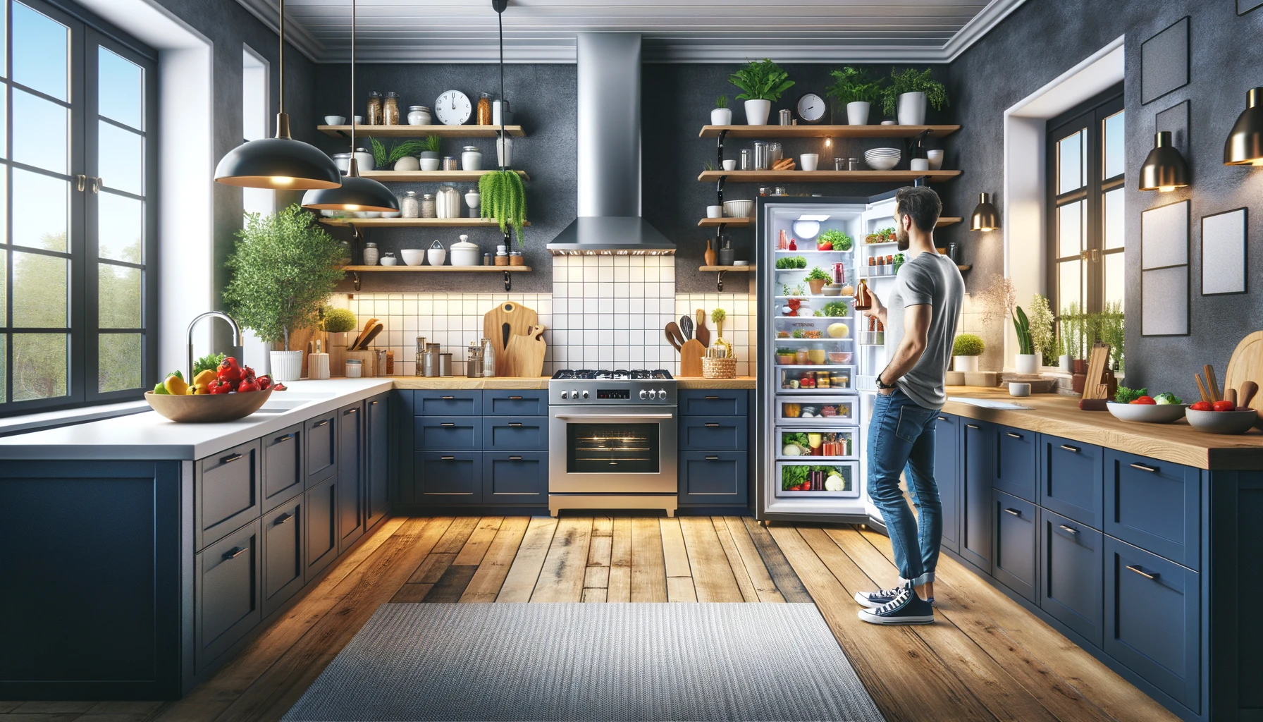 Homeowner in kitchen with open refrigerator, enjoying the space while ensuring proper home upkeep.