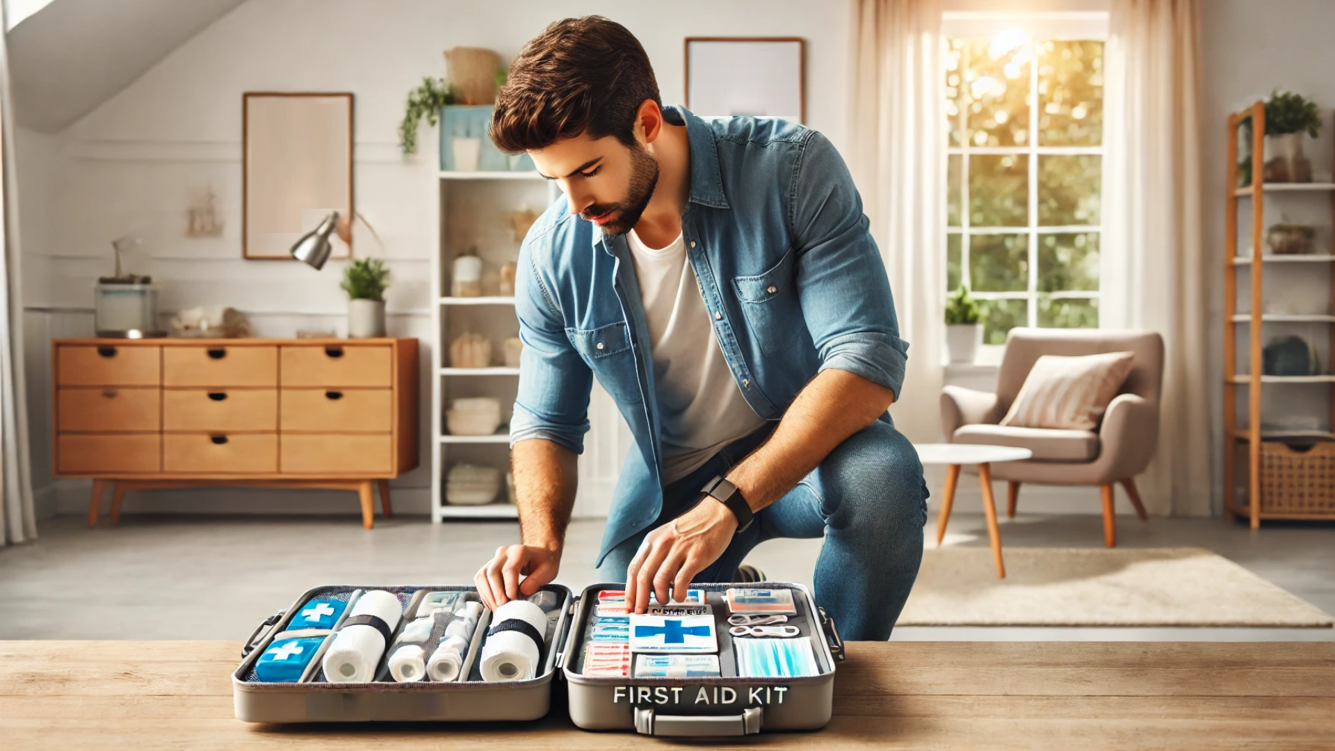 A homeowner examines his home first aid kit to ensure it is well stocked and up to date.