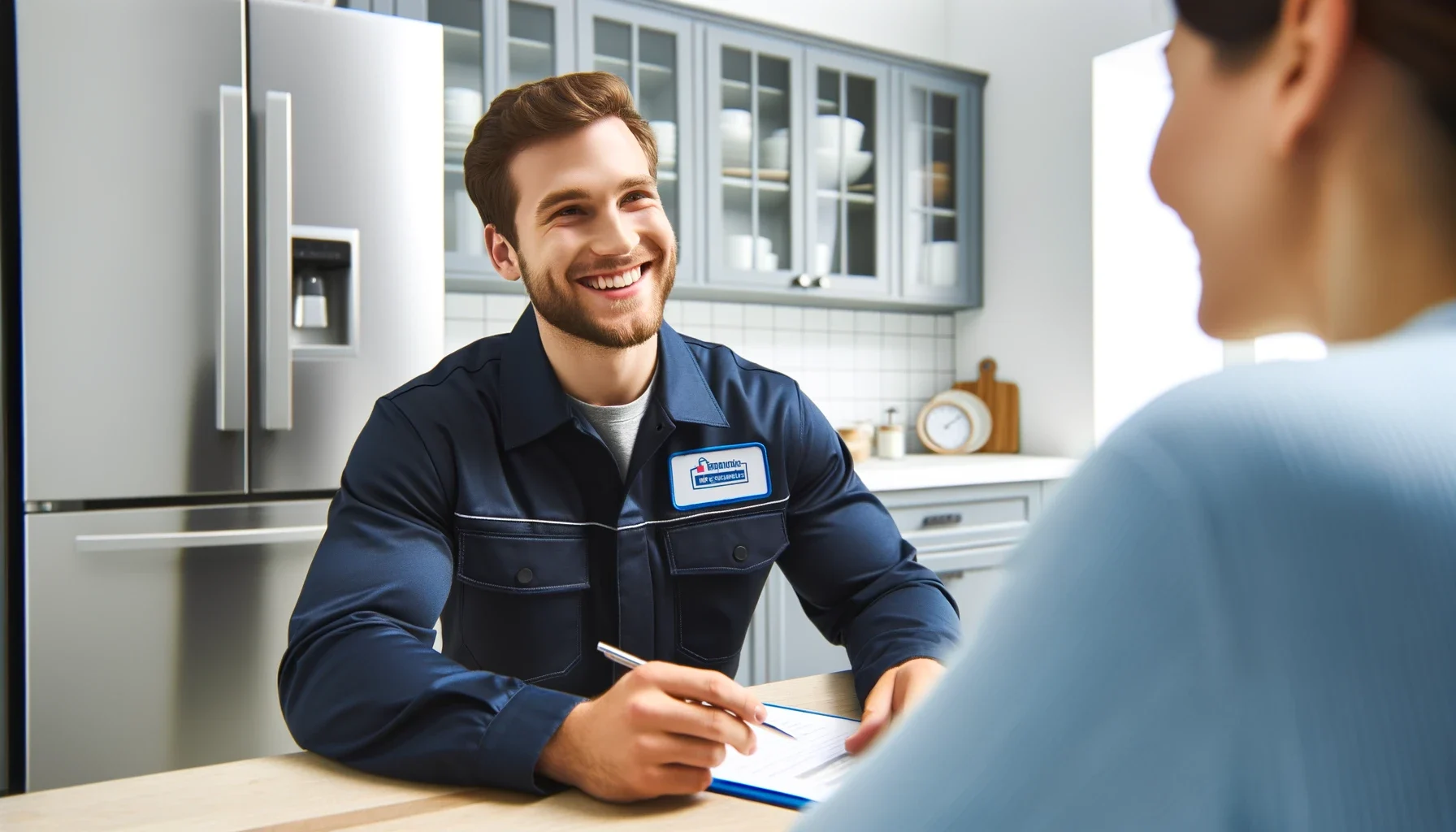 A professional technician sitting at the kitchen table with a homeowner as they discuss her appliance maintenance.