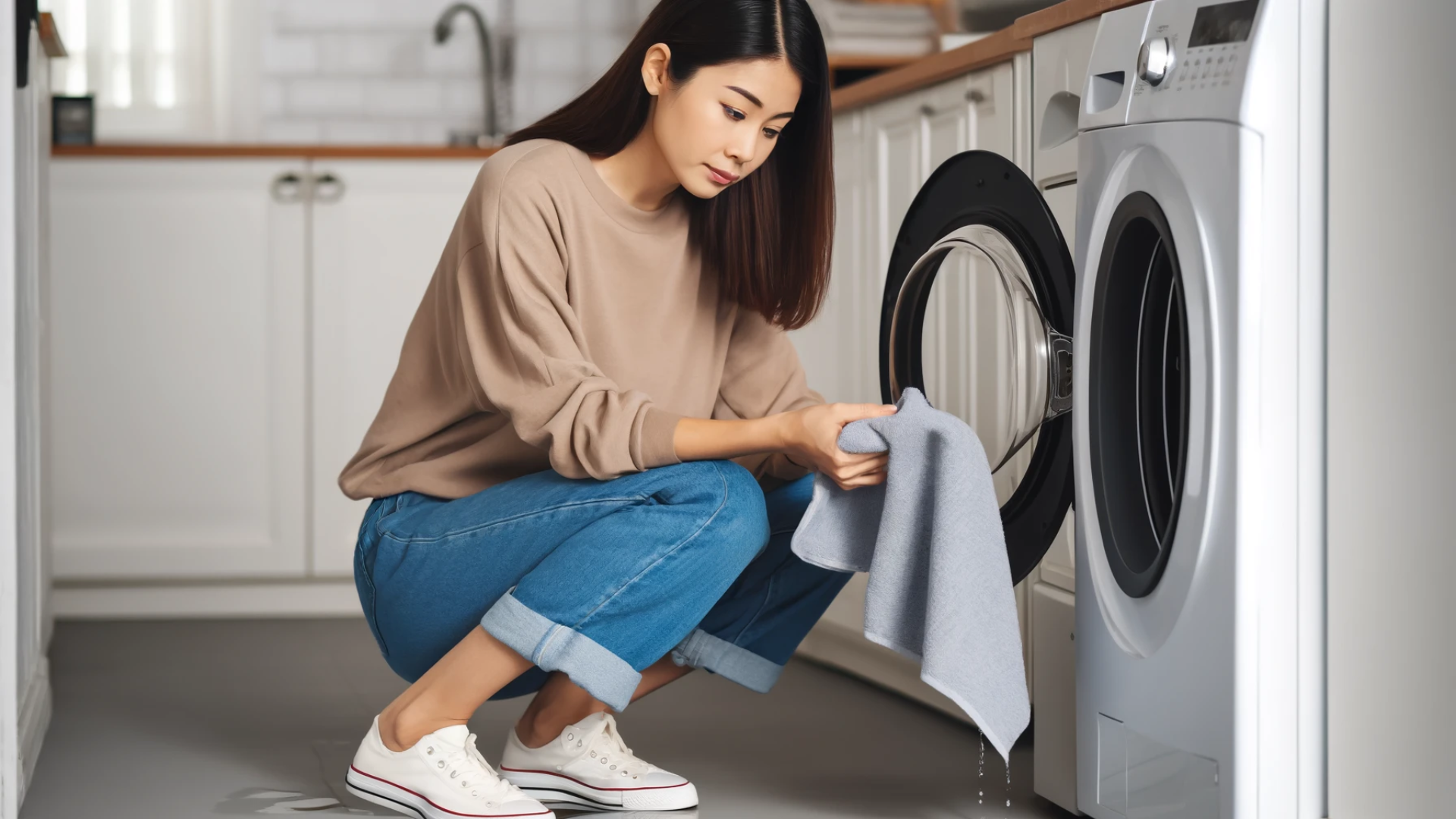 A young homeowner attentively addresses a minor water leak in front of her LG front-load washer after manually draining it.